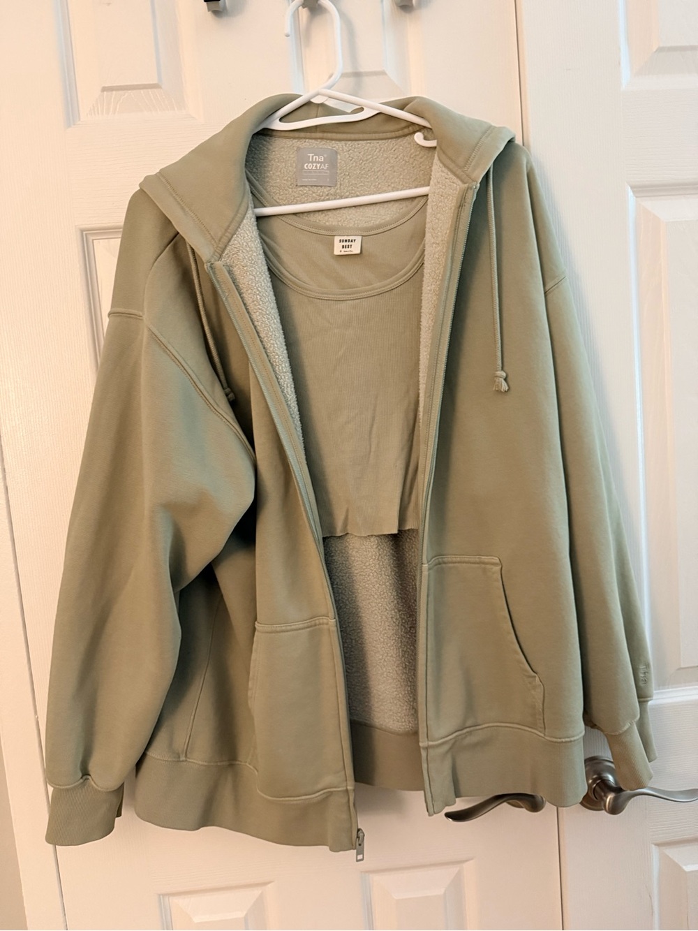 TNA Olive Green Oversized Zip Hoodie with Sherpa Lining